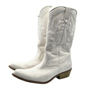 Women's White Cowboy Boots Snakeskin Embossed Gaucho Western Manmade Size 8.5M
